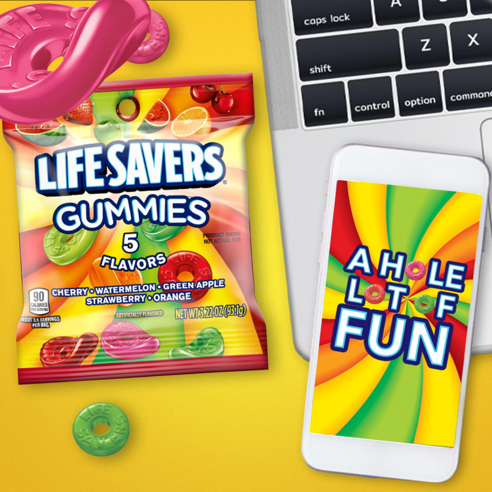 Life Savers 5 Flavors gummy candy on desk, quick fruity pick-me-up.