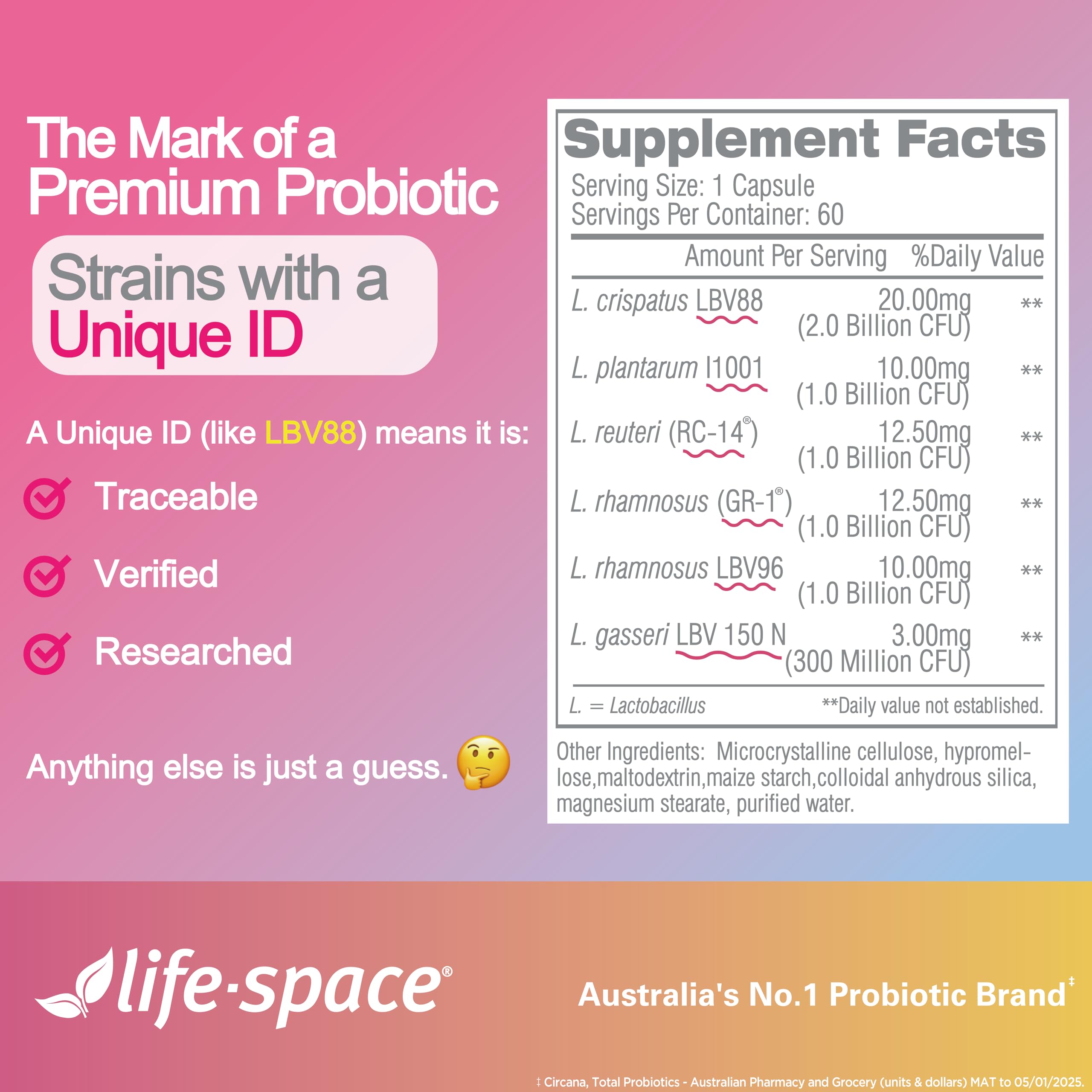 Life-Space Women's Probiotic targeted strains graphic highlights six strains.