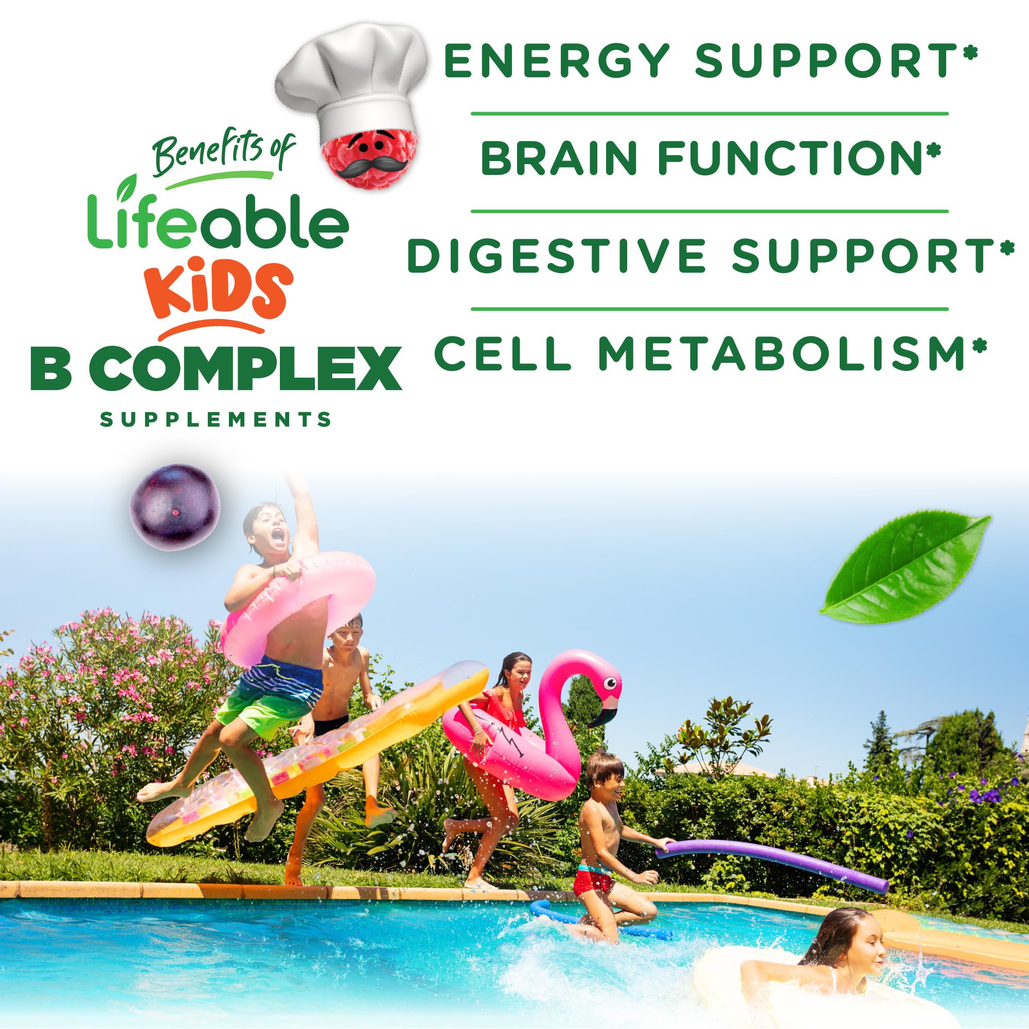 Lifeable B Complex Kids ingredients chart highlighting six B vitamins.