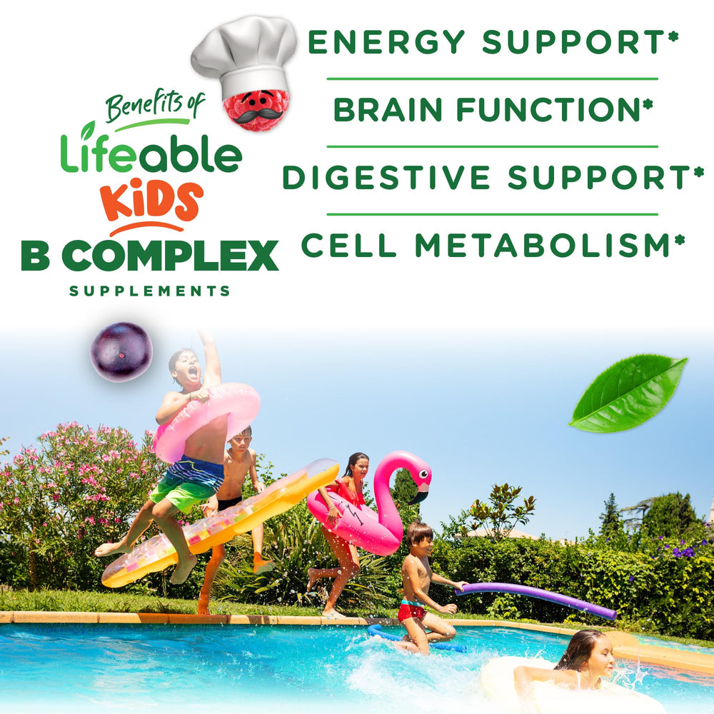 Lifeable B Complex Kids ingredients chart highlighting six B vitamins.