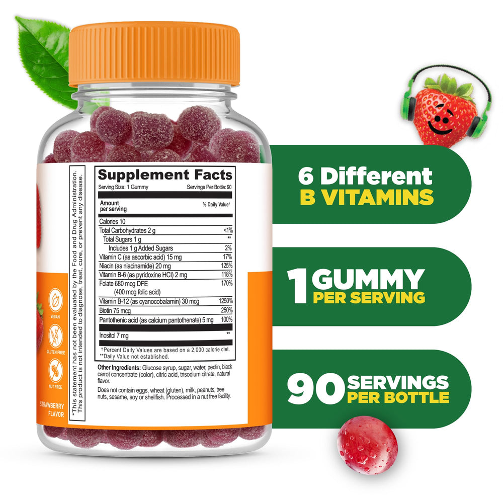 Lifeable B Complex Kids strawberry gummies close-up, tasty daily energy boost.