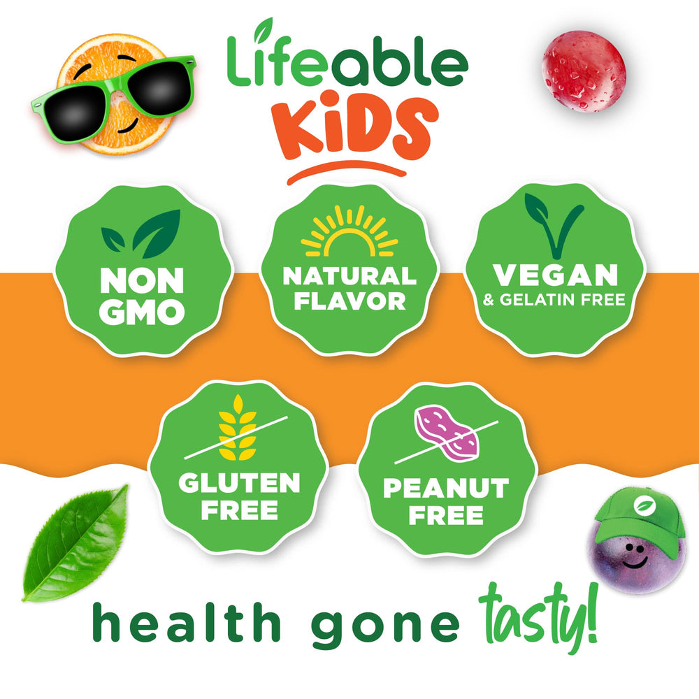 Lifeable B Complex Kids vegan formula badge and Vitamin C.