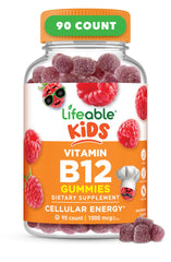 Lifeable B12 for Kids raspberry gummies in a jar show the product and color