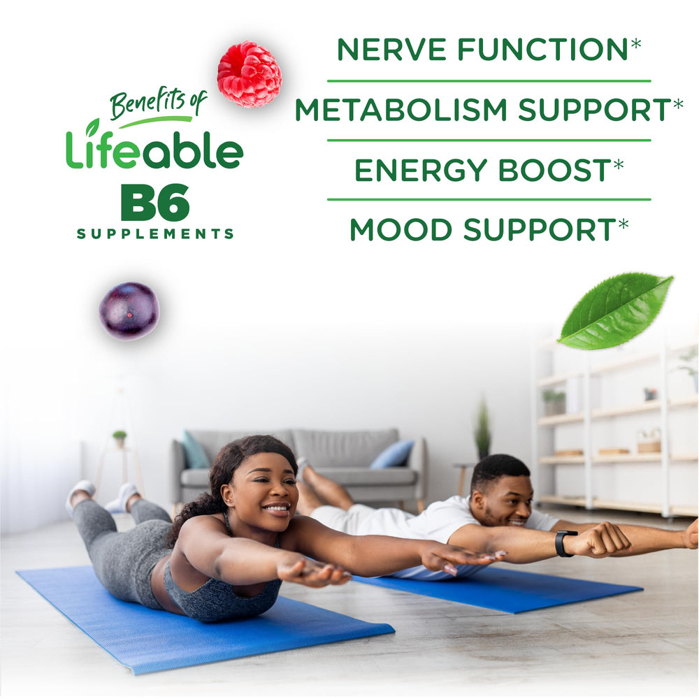 Lifeable B6 gummies highlight vegan ingredients and plant-based nutrition.