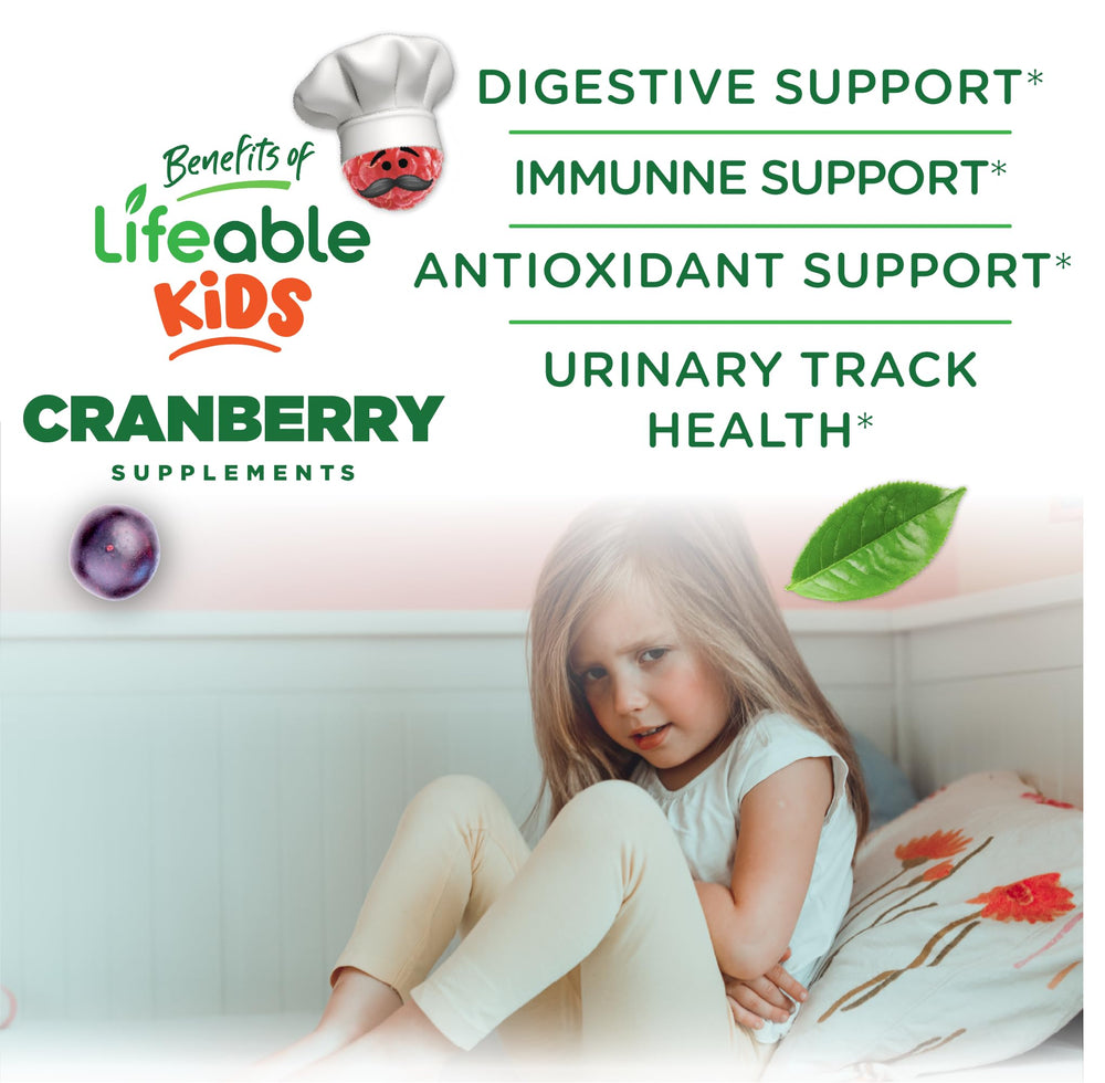 Lifeable Cranberry Gummies for Kids packaging shows 60-count bottle for convenient daily use.