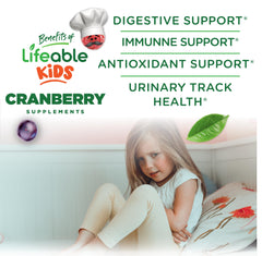 Lifeable Cranberry Gummies for Kids packaging shows 60-count bottle for convenient daily use.