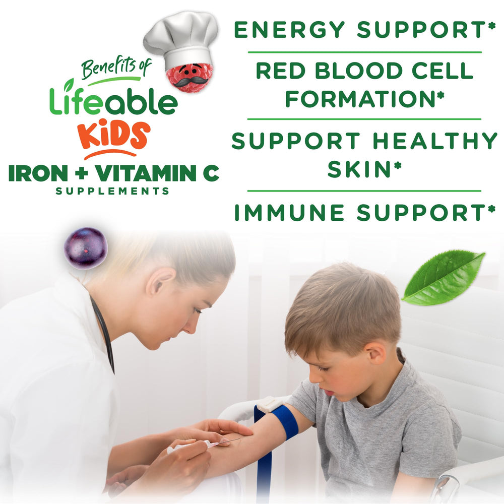 Vitamin C infused iron gummies from Lifeable to support absorption in kids.