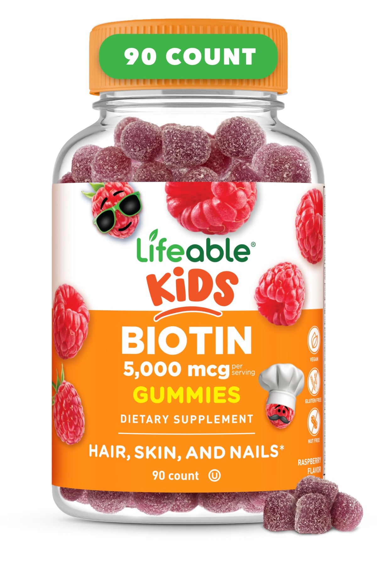 Lifeable Kids Biotin Gummies bottle with raspberry flavor supports daily hair nourishment.