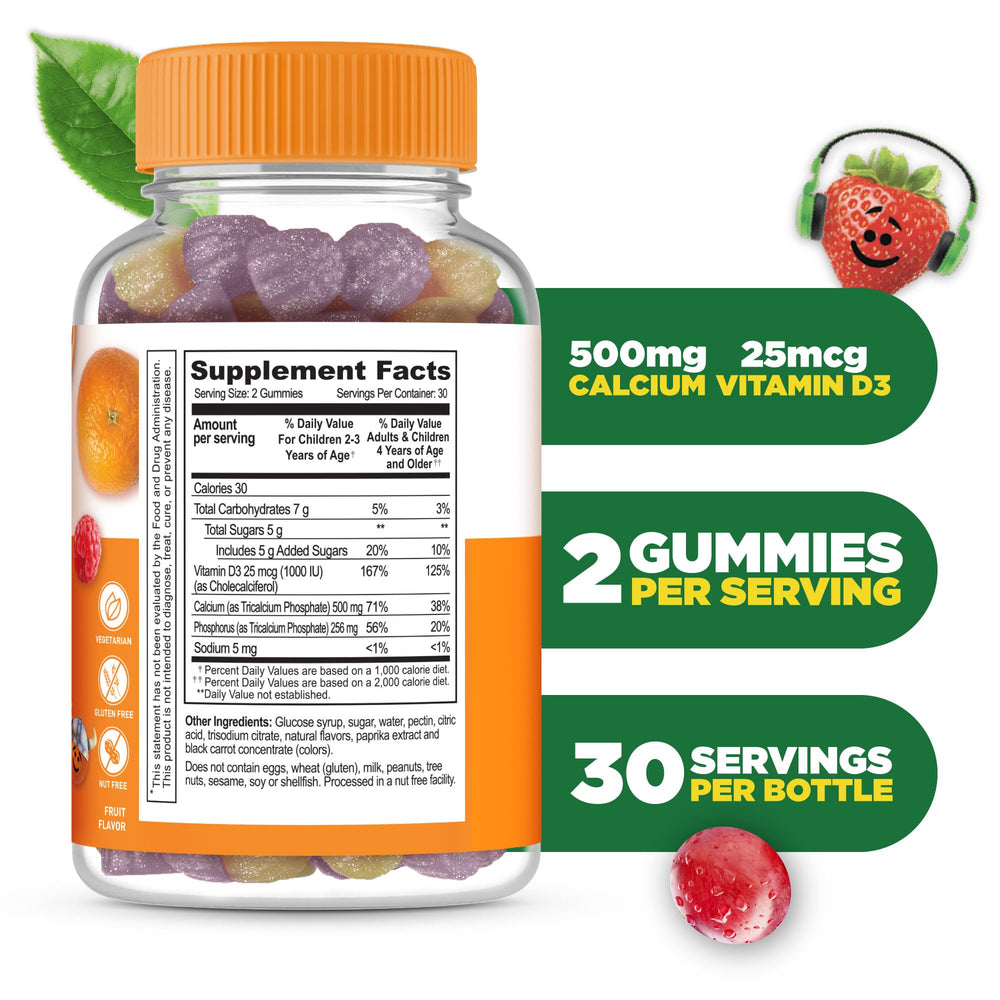 Lifeable Kids Calcium D3 gummies closeup with two gummies highlighting chewable daily bone support.