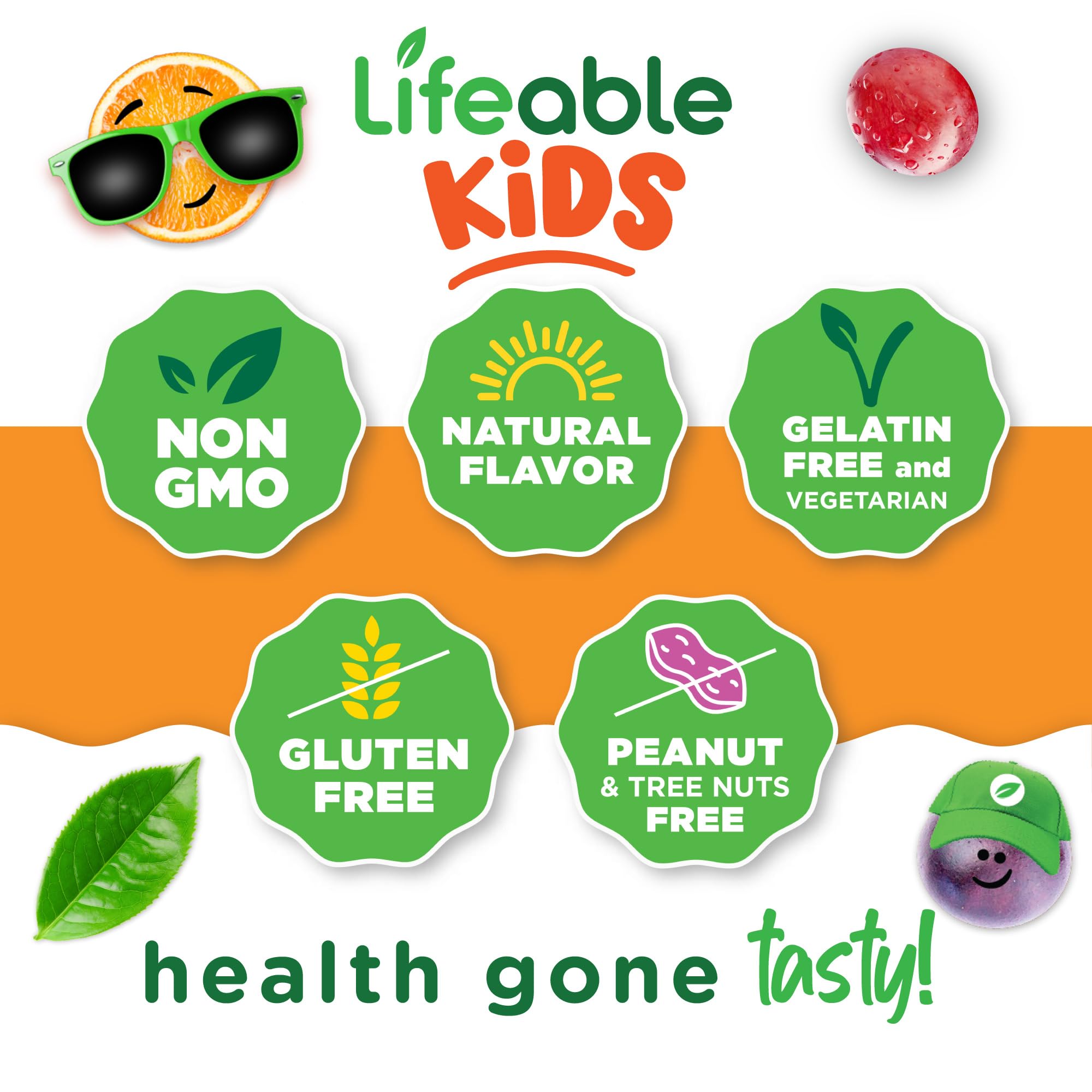 Lifeable Kids Calcium Gummies fruit flavor artwork suggests enjoyable way to take daily nutrients.