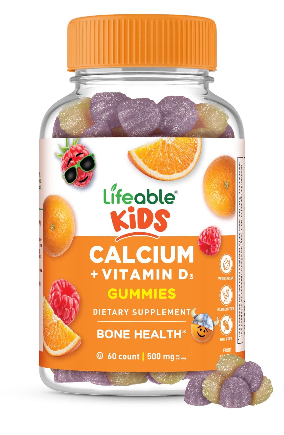 Lifeable Kids Calcium Gummies orange-berry flavor bottle showing tasty support for growing bones.