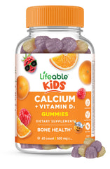 Lifeable Kids Calcium Gummies orange-berry flavor bottle showing tasty support for growing bones.