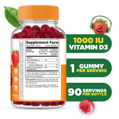 Lifeable Kids D3 Gummies bottle closeup of the label highlighting strawberry flavor and dosage.