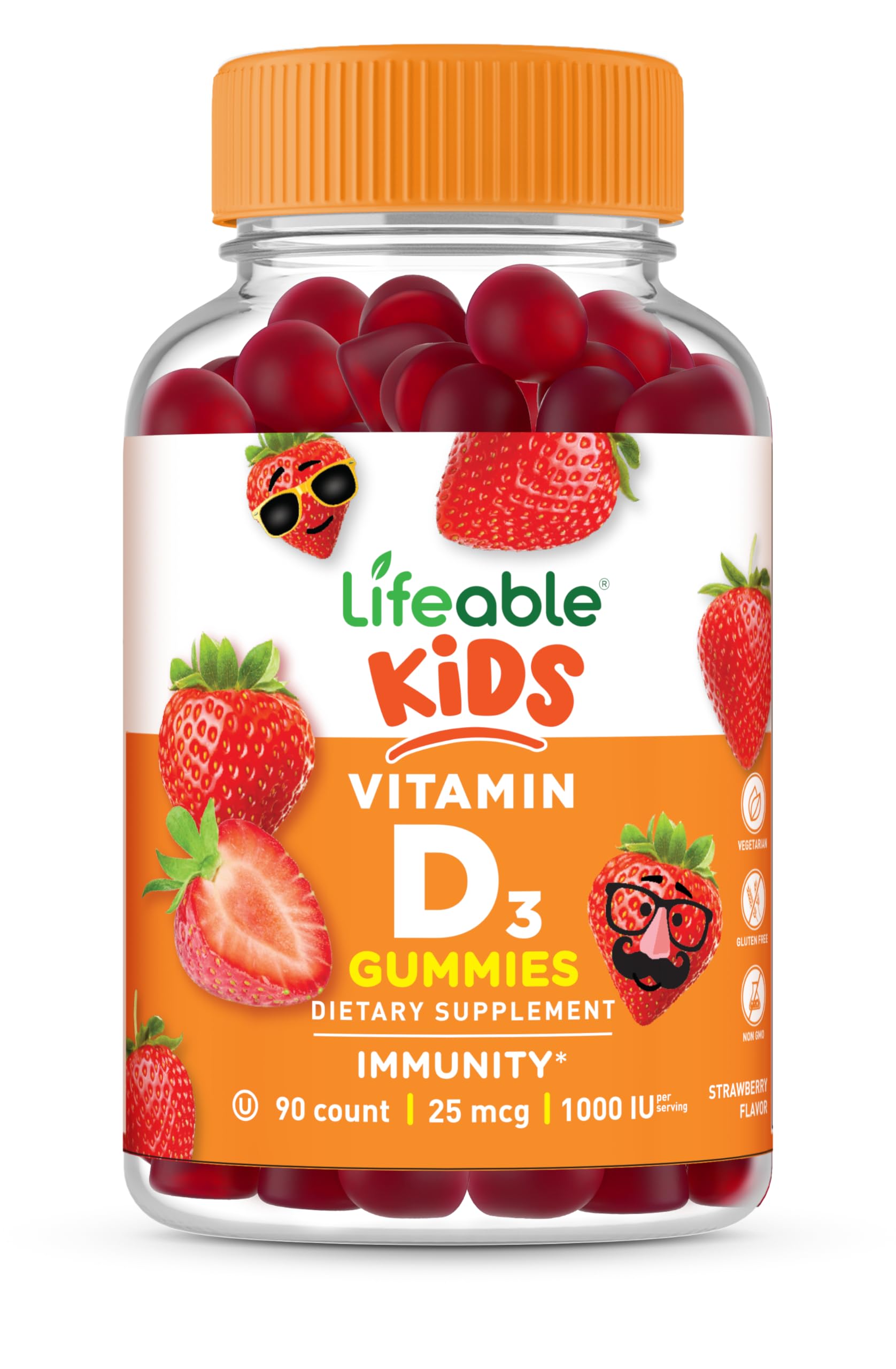 Lifeable Kids D3 Gummies bottle front showing 90-count supply for daily bone and immune support.