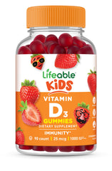 Lifeable Kids D3 Gummies bottle front showing 90-count supply for daily bone and immune support.