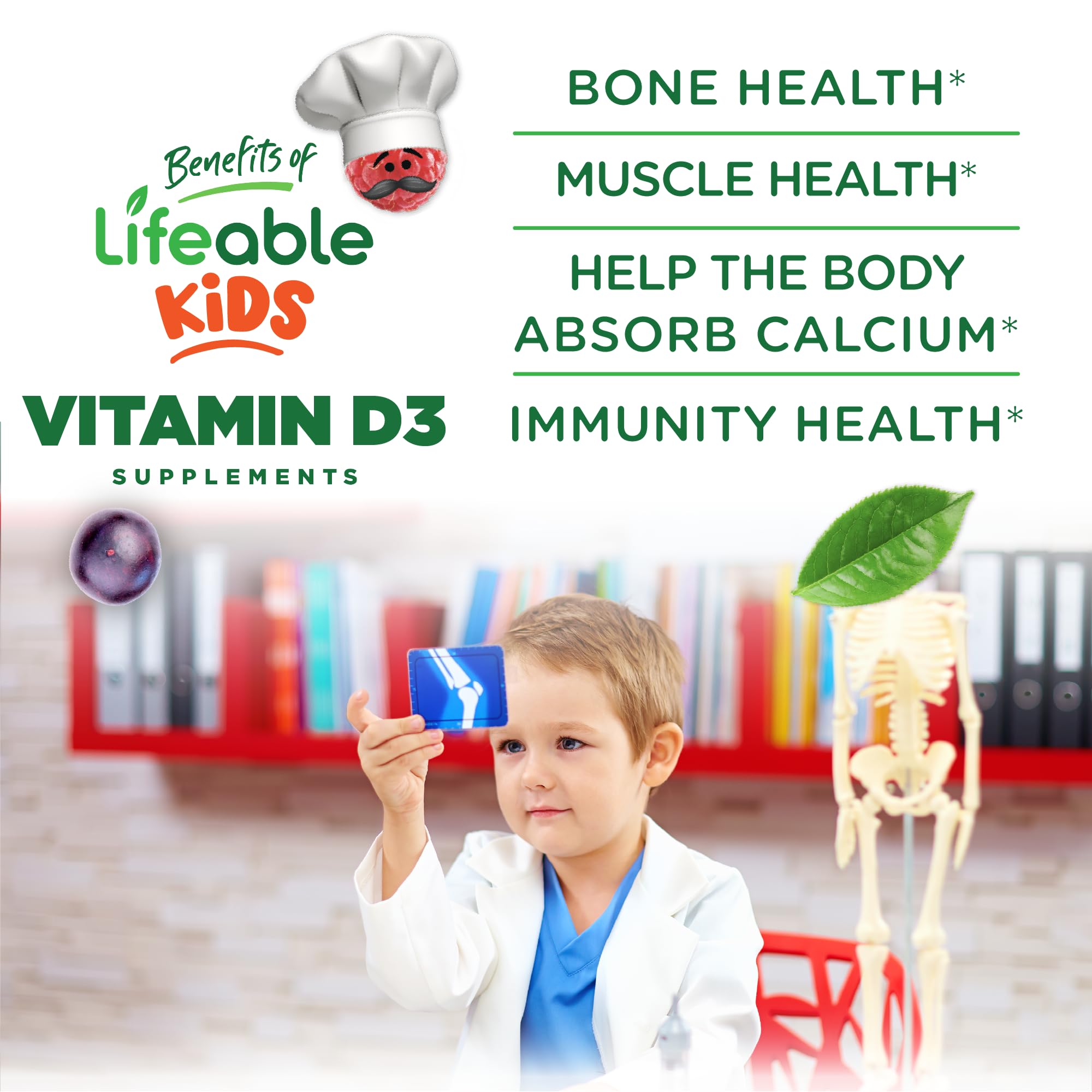 Lifeable Kids D3 Gummies strawberry-flavor closeup of gummies ready to chew.