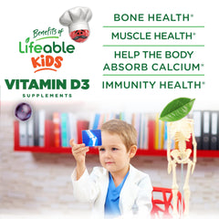 Lifeable Kids D3 Gummies strawberry-flavor closeup of gummies ready to chew.