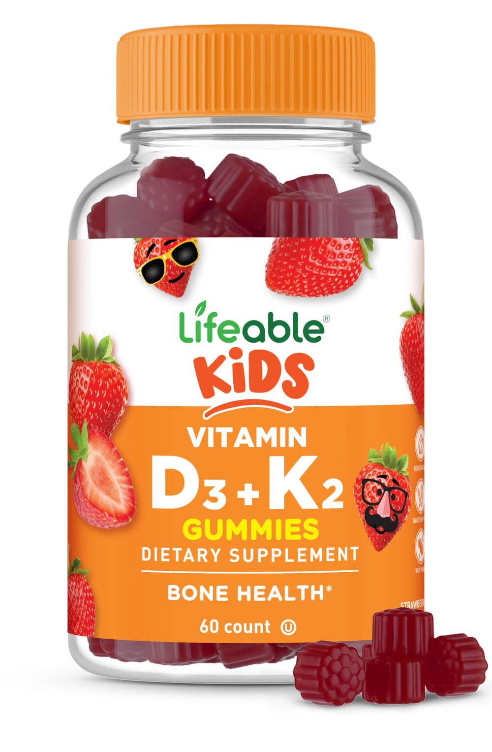 Lifeable Kids D3 K2 Gummies bottle showcases bone-supporting nutrition.