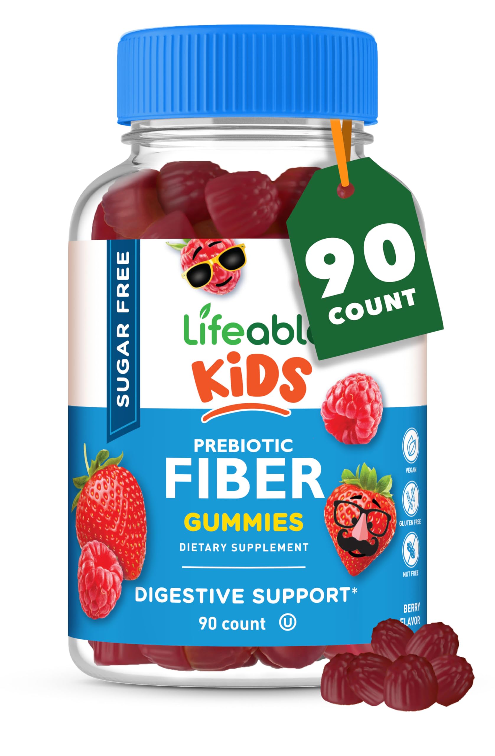 Lifeable Sugar Free Prebiotic Kids Fiber Gummies bottle shows sugar-free fiber option for kids' daily routine