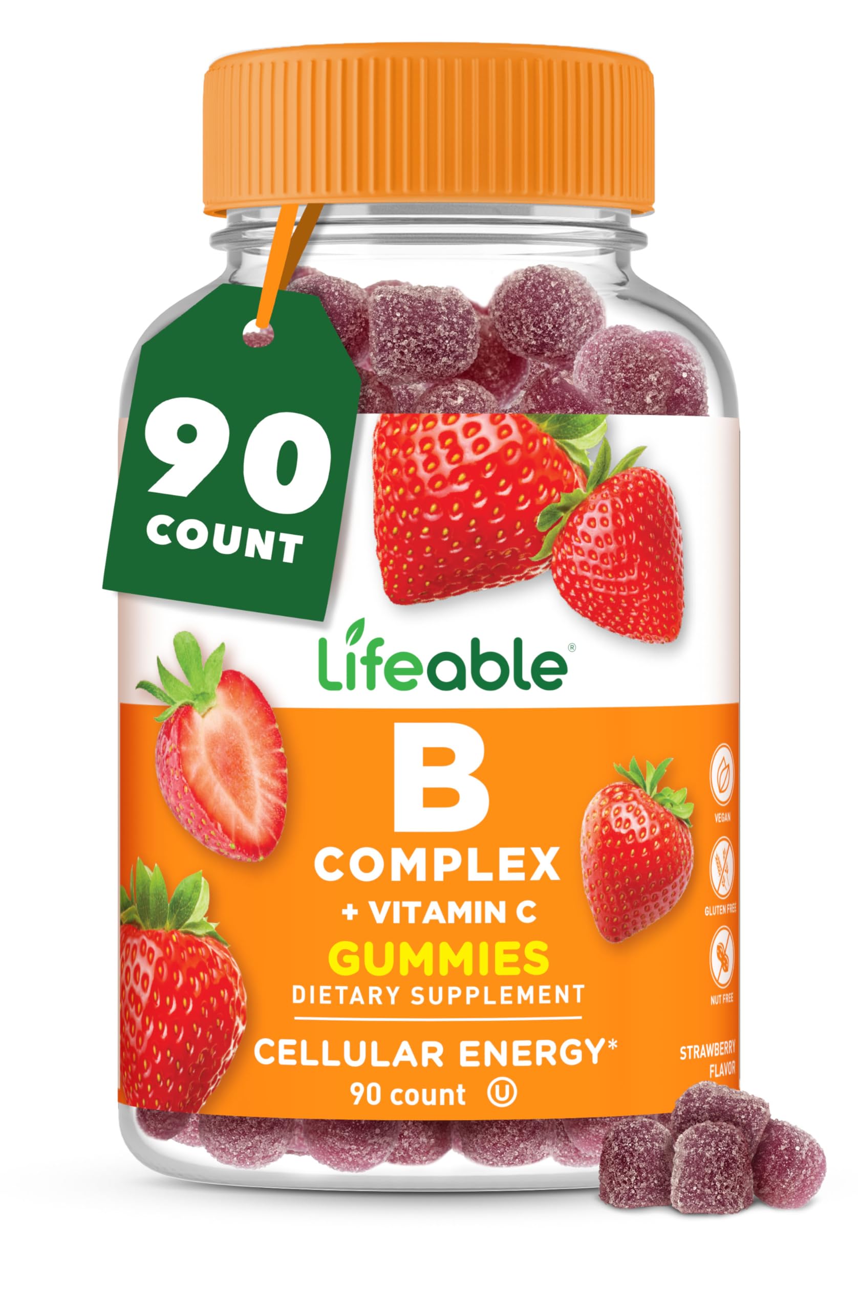 Lifeable Vitamin B Complex Gummies bottle front highlighting strawberry flavor for daily energy support.
