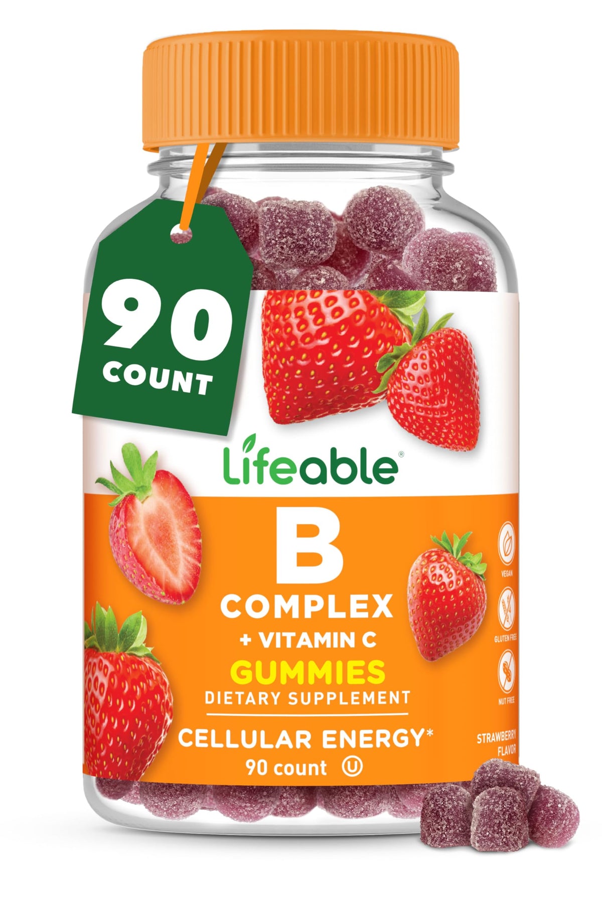 Lifeable Vitamin B Complex Gummies bottle front highlighting strawberry flavor for daily energy support.