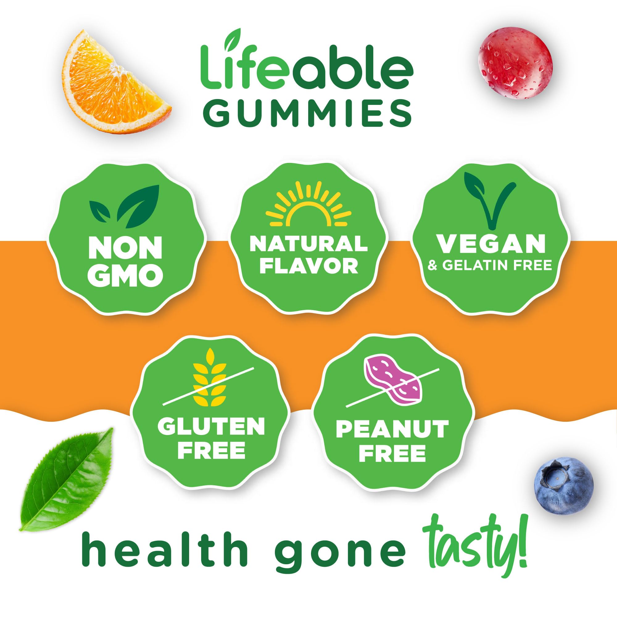 Lifeable B Complex Gummies vegan certification badge signals plant-based ingredients.