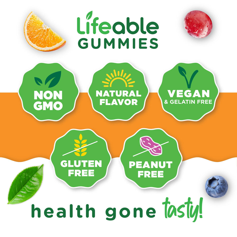 Lifeable B Complex Gummies vegan certification badge signals plant-based ingredients.