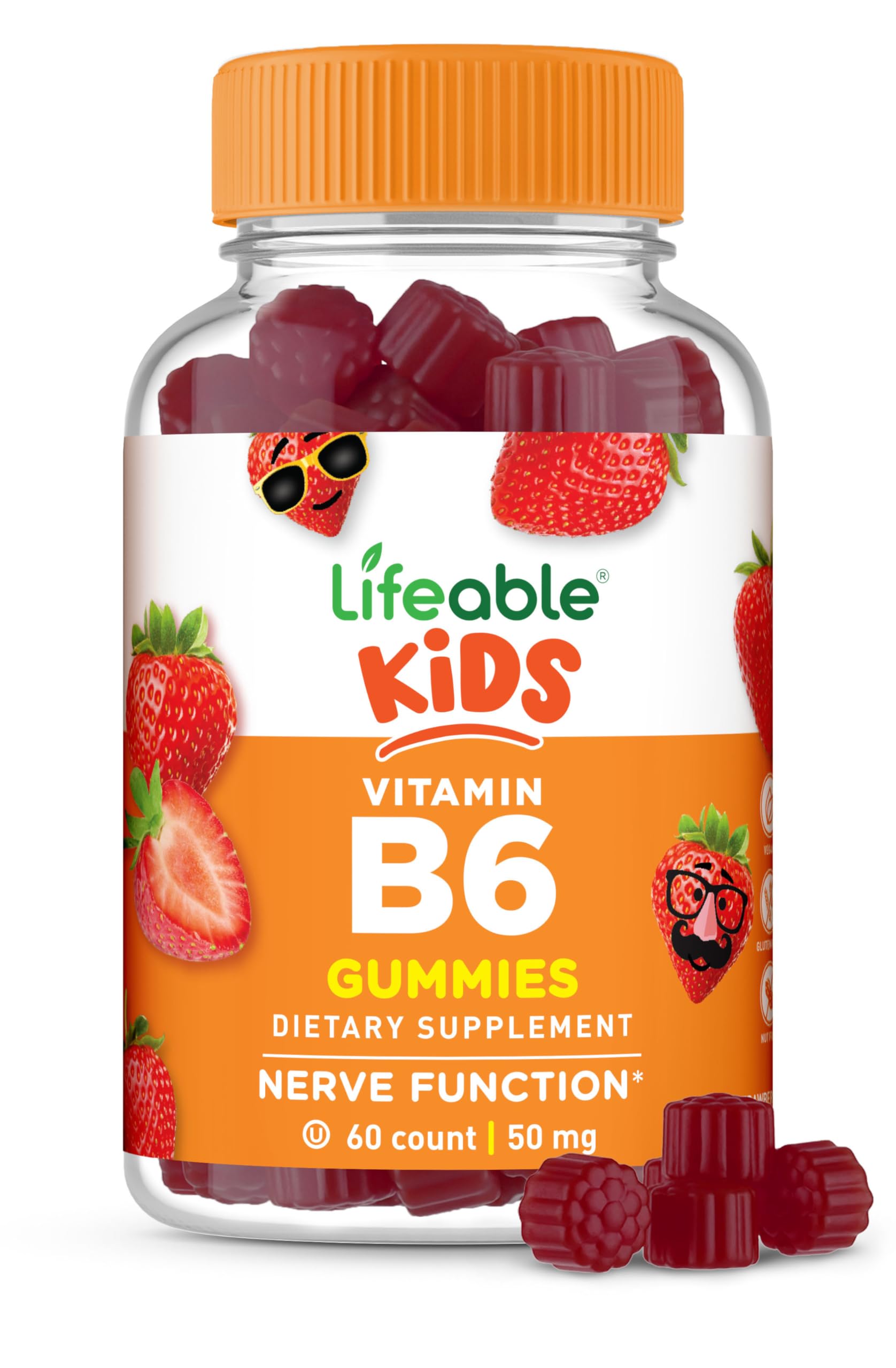 Lifeable Vitamin B6 Gummies for Kids bottle front, a tasty daily option for brain and nerve support