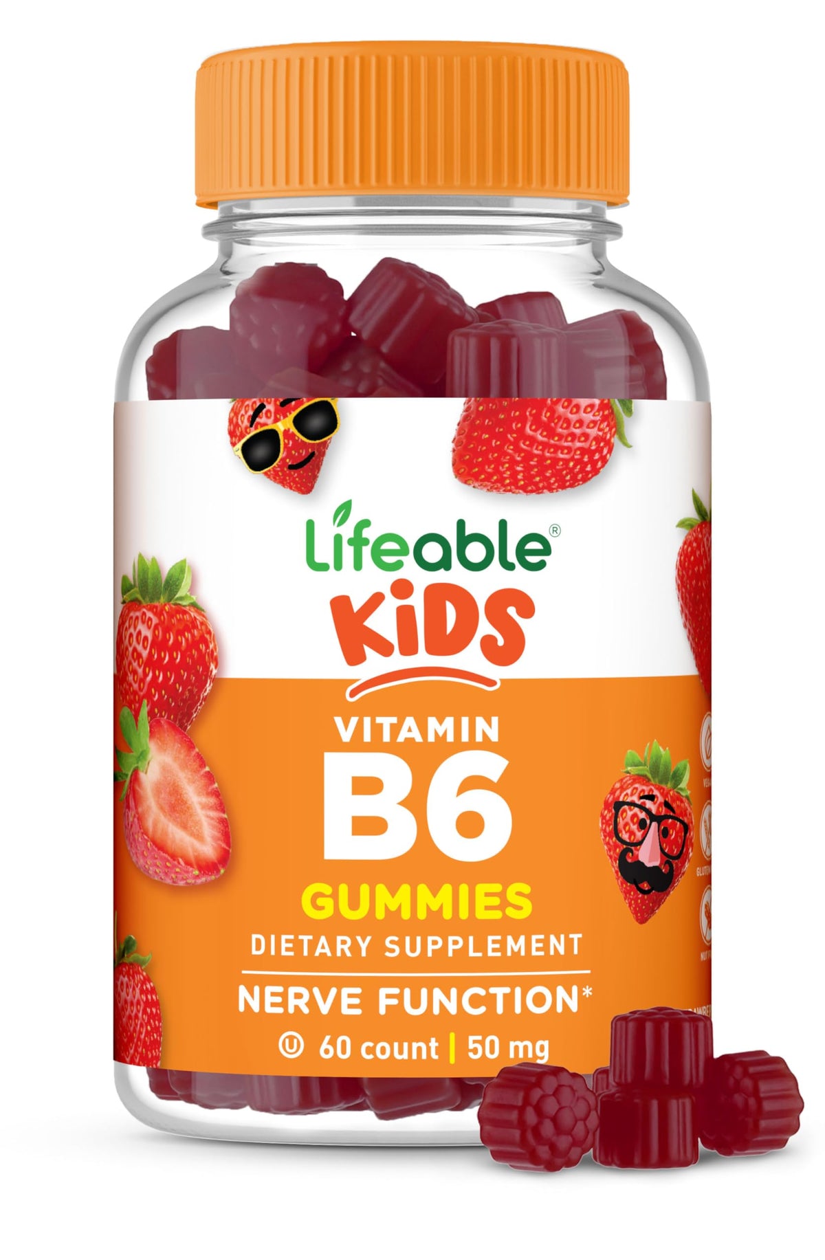 Lifeable Vitamin B6 Gummies for Kids bottle front, a tasty daily option for brain and nerve support