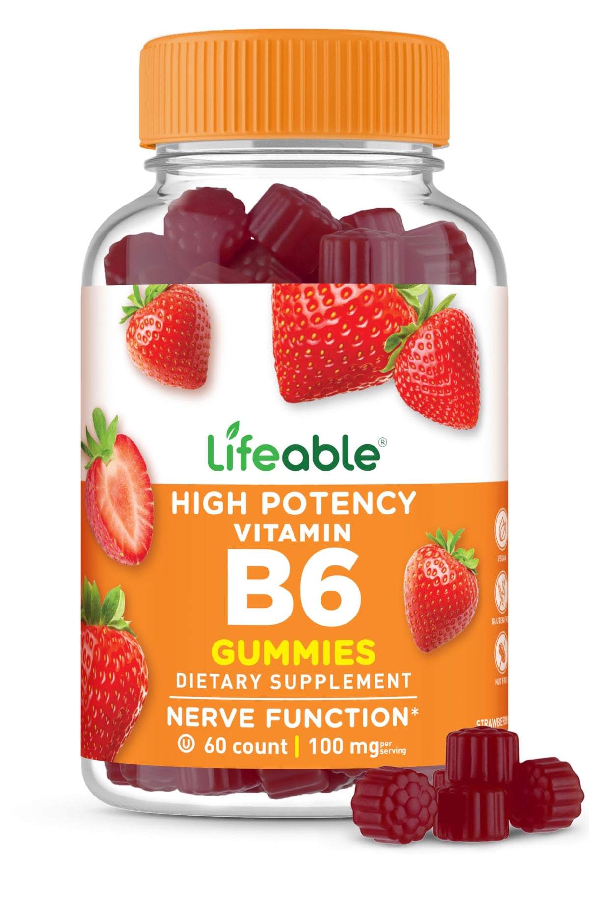 Lifeable Vitamin B6 Gummies strawberry bottle—nerve support for daily routines.