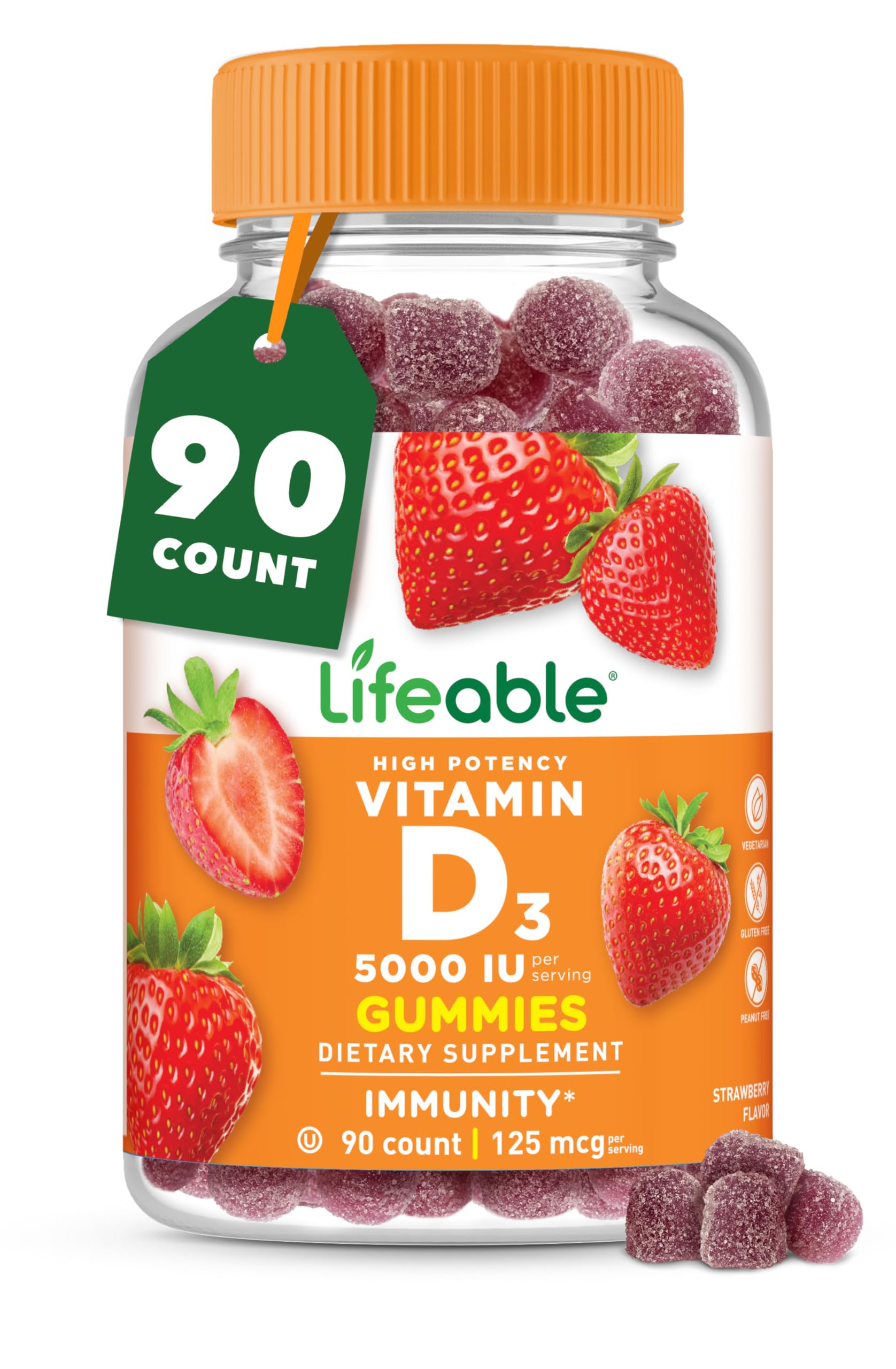 Lifeable Vitamin D Gummies bottle front showing 90-count bottle for convenient daily immune support.