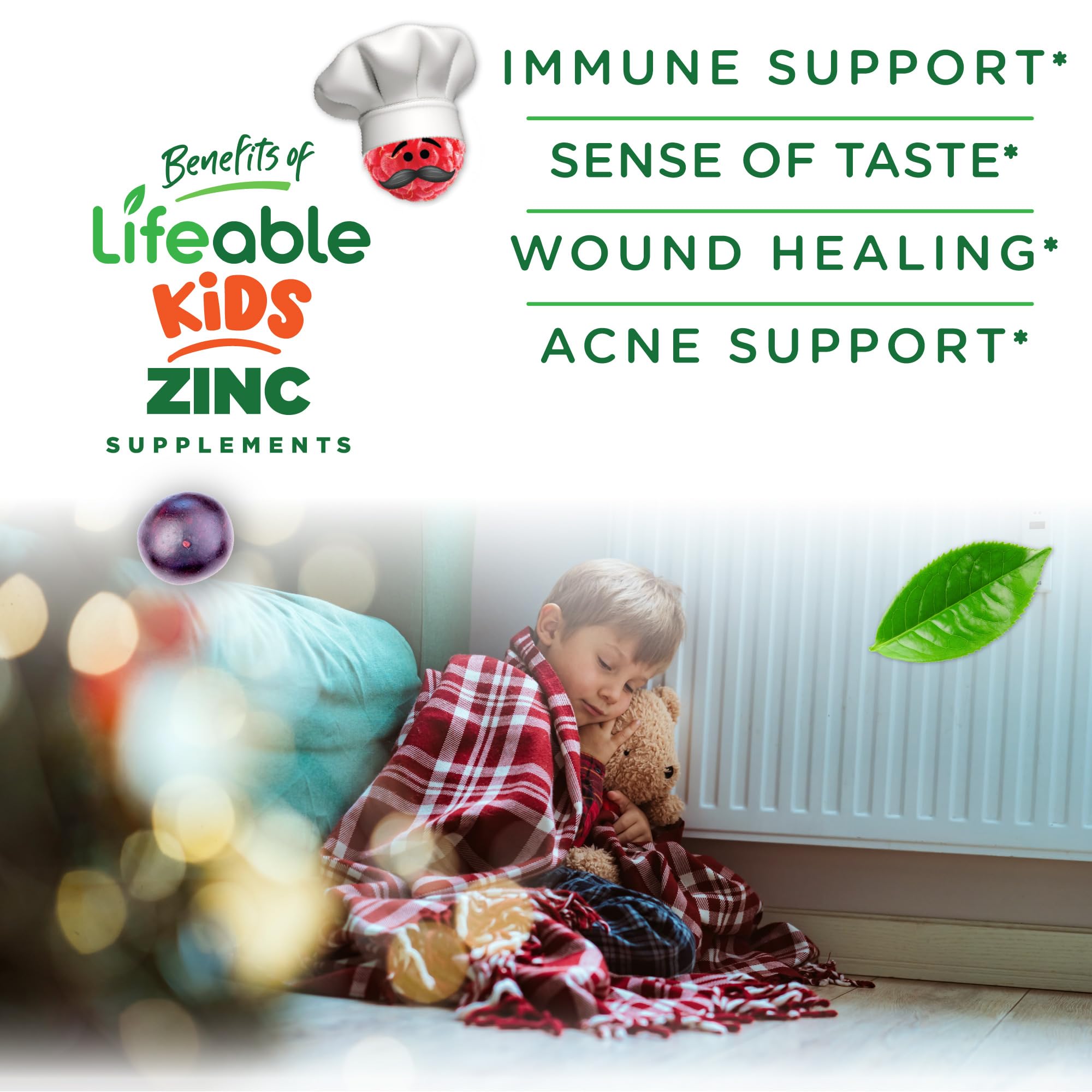 Lifeable Zinc for Kids 25mg bottle front view — handy dose reminder for busy mornings.