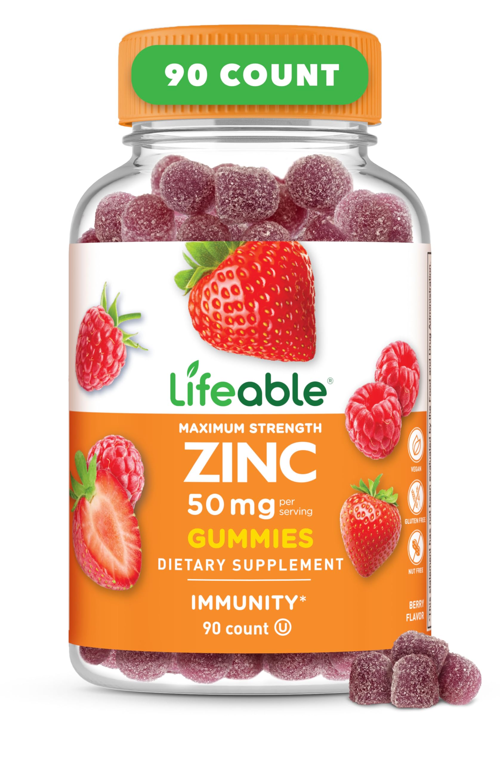 Lifeable Zinc Gummies berry flavor bottle shown for daily immune support