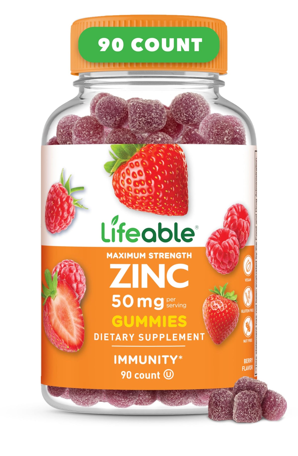 Lifeable Zinc Gummies berry flavor bottle shown for daily immune support