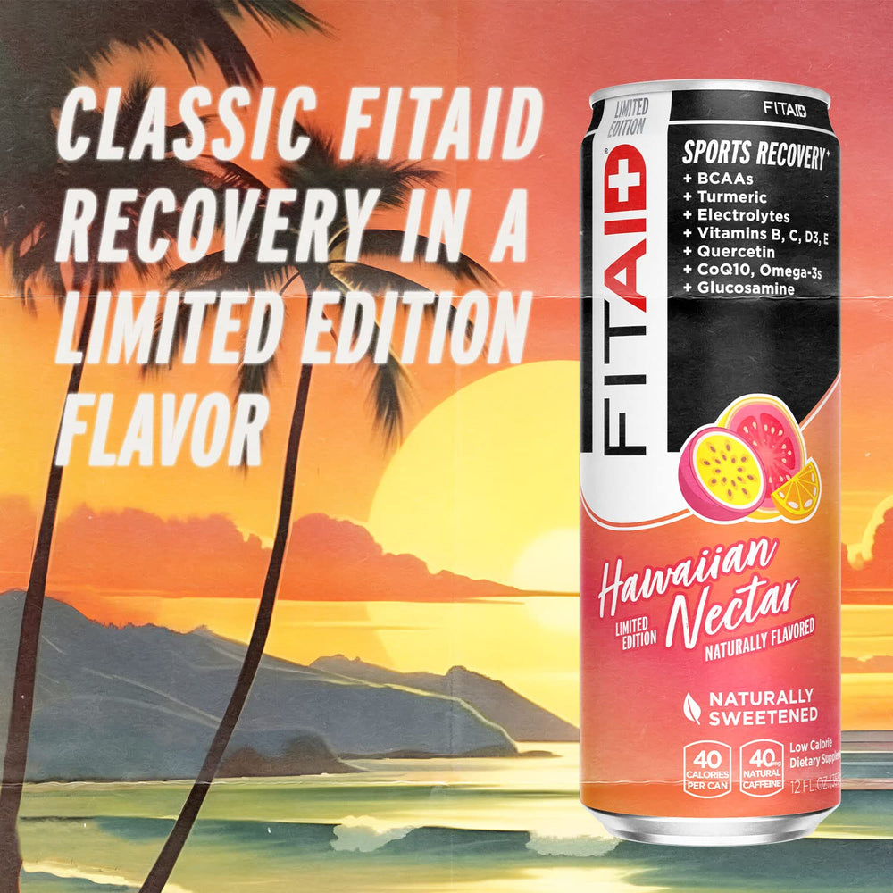 LIFEAID FITAID Hawaiian Nectar bottle and glass indicating vegan, gluten-free recovery and tropical flavor