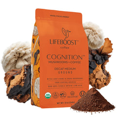 Lifeboost Cognition Decaf Coffee bag showing low-acid organic blend and grounds.