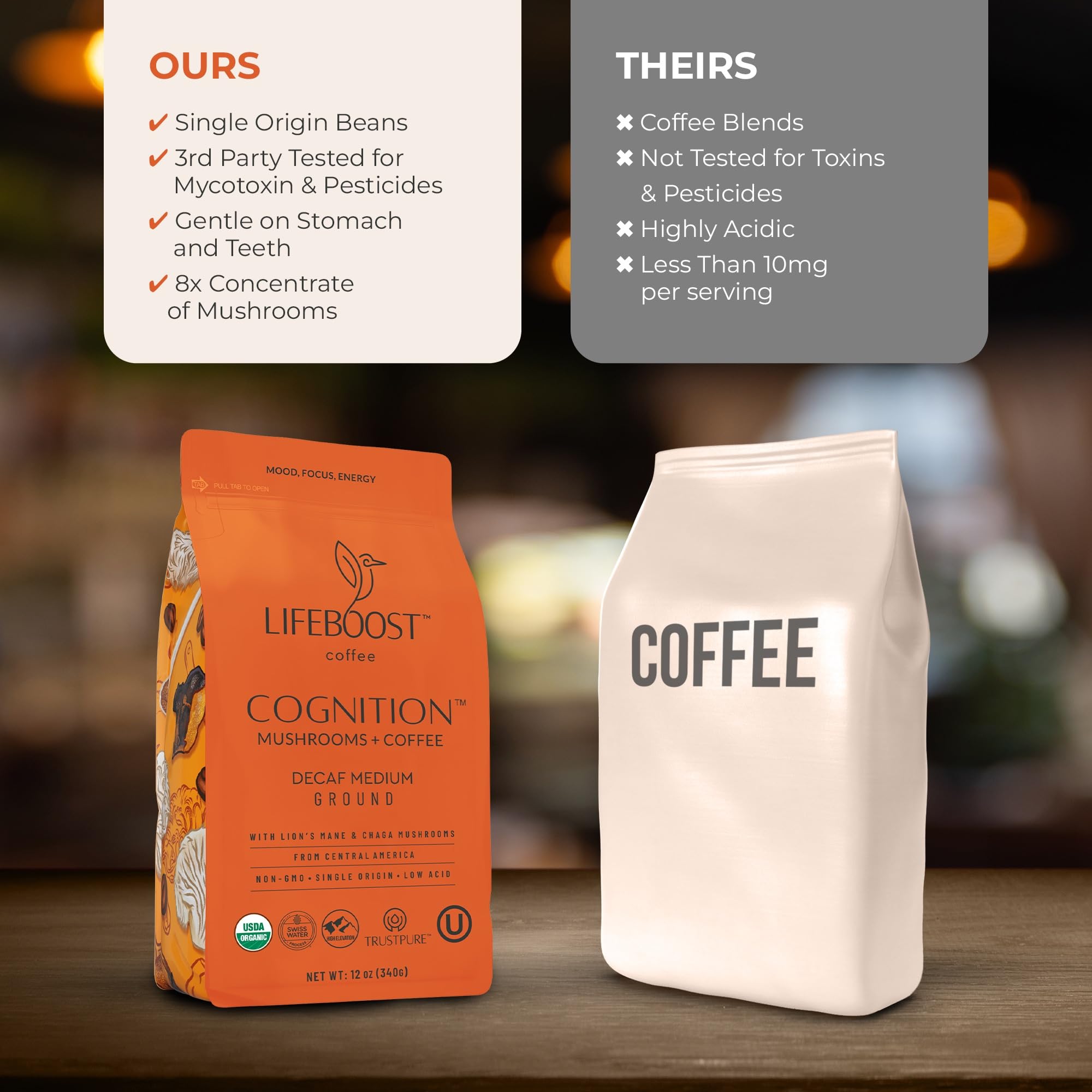Lifeboost Cognition label close-up emphasizing organic, low-acid decaf features.