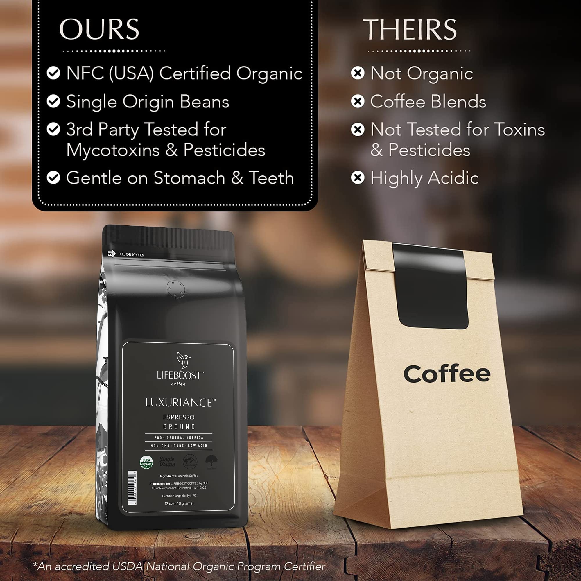LIFEBOOST Espresso Ground Coffee pouring shot, showcasing bold aroma and rich crema