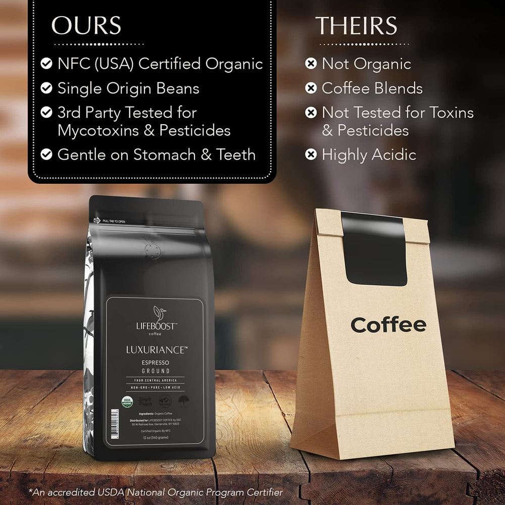 LIFEBOOST Espresso Ground Coffee pouring shot, showcasing bold aroma and rich crema