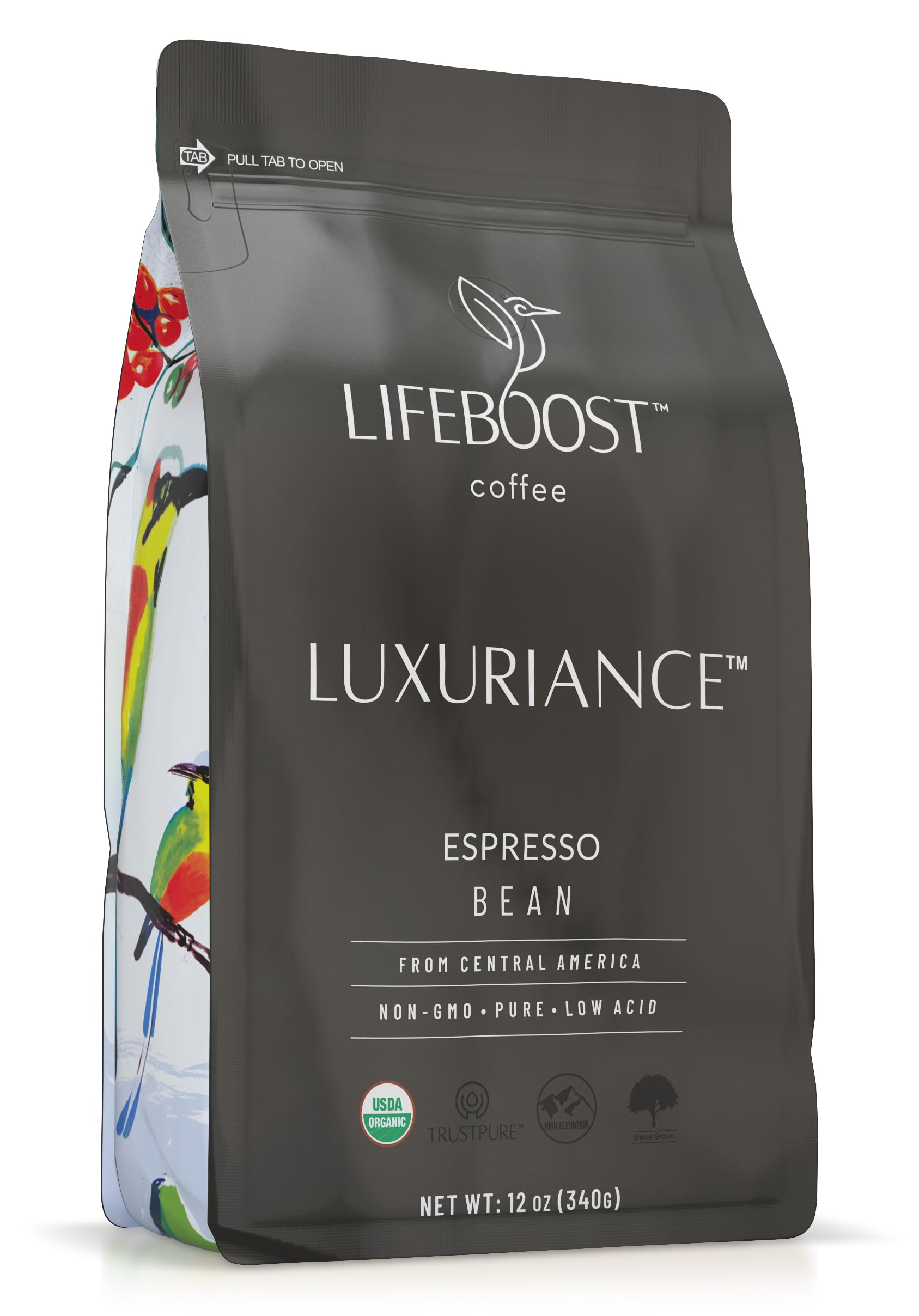 Lifeboost Organic Espresso Whole Bean bag front view showing organic, non-GMO quality.