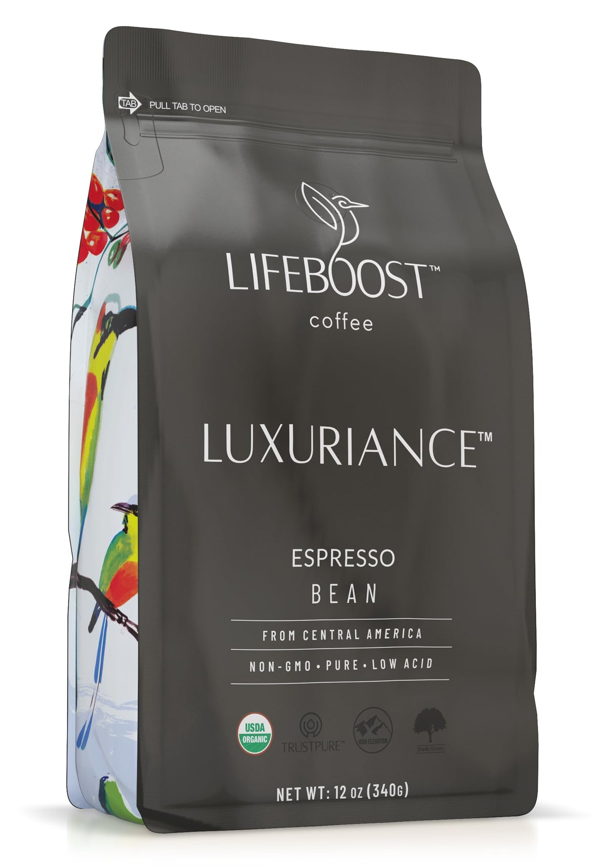 Lifeboost Organic Espresso Whole Bean bag front view showing organic, non-GMO quality.