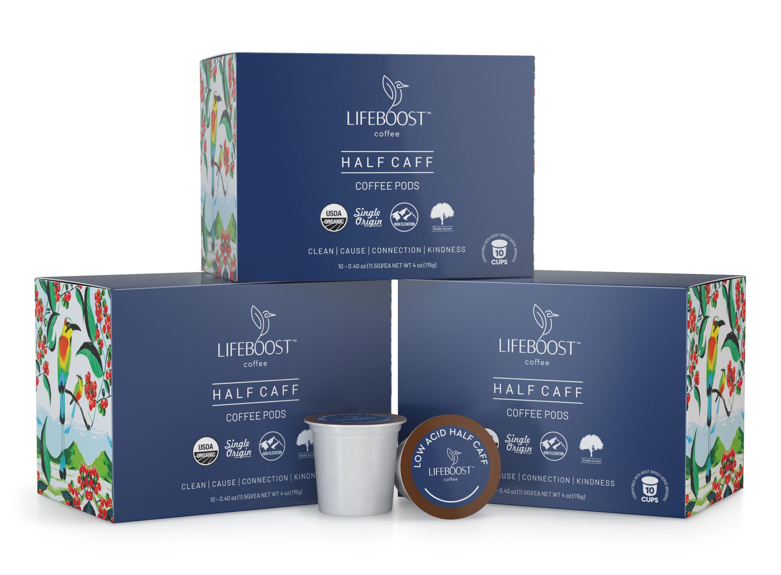 Lifeboost Half Caff low-acid profile in a cup.