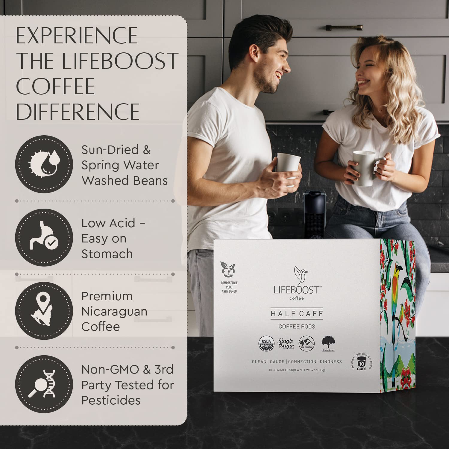 Lifeboost Half Caff coffee pods Keurig-compatible for easy, mess-free single-serve mornings.