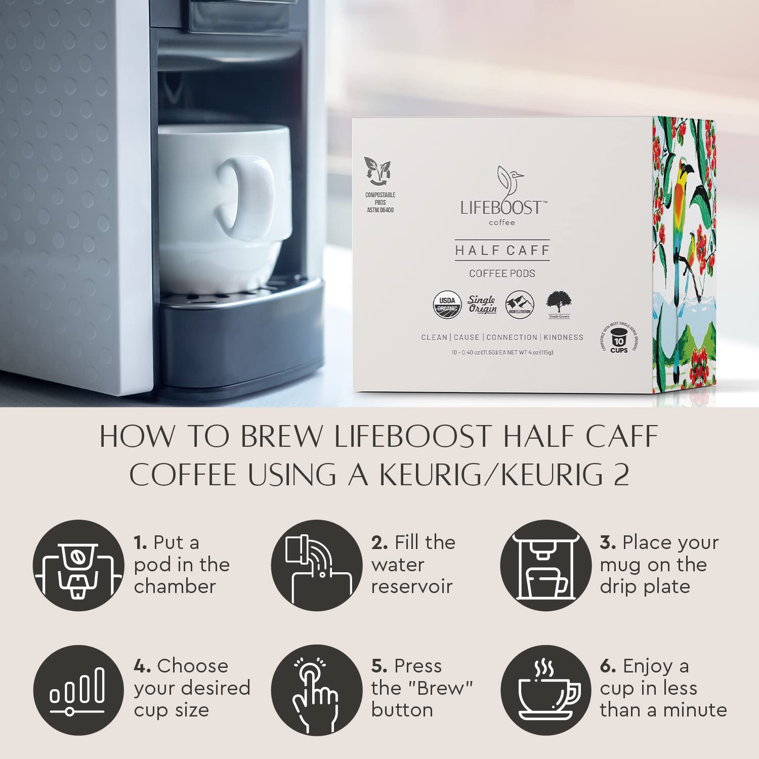 Lifeboost Half Caff cup ready-to-brew setup for mornings.
