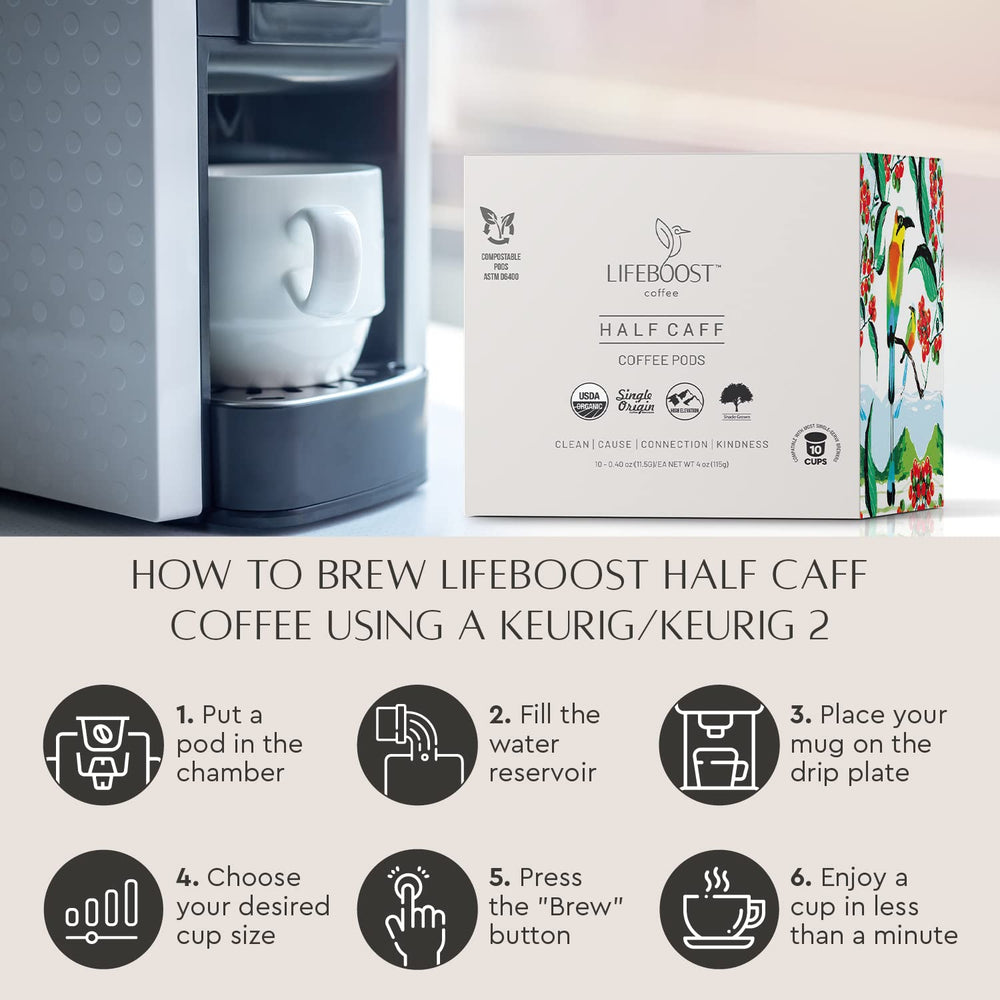 Lifeboost Half Caff cup ready-to-brew setup for mornings.
