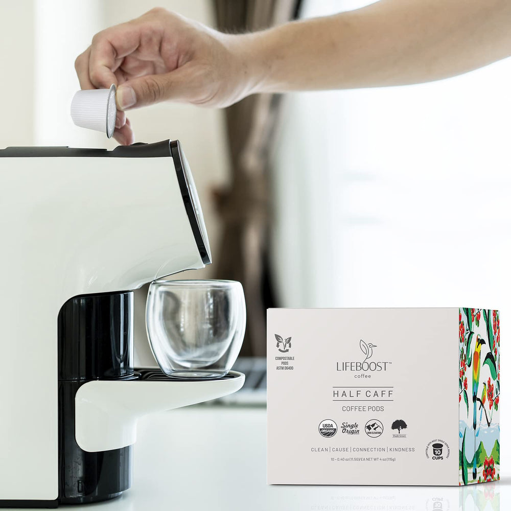 Lifeboost Half Caff pods provide non-GMO, clean-energy brew options.