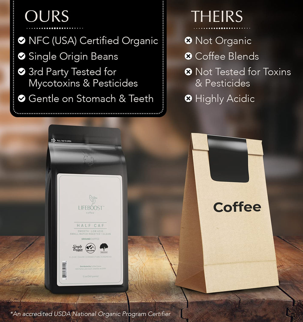 LIFEBOOST Half Caff coffee beans closeup showing sun-dried beans and shade-grown origin.