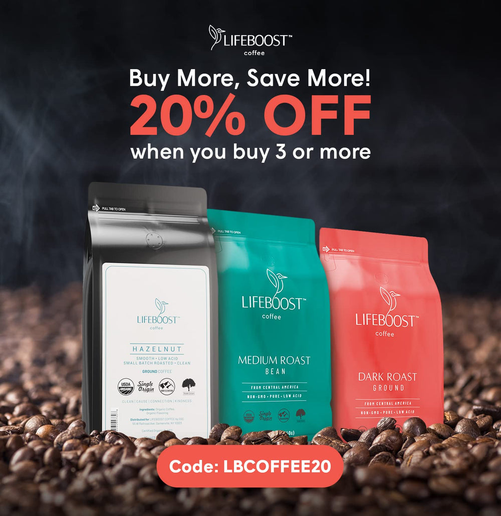 LIFEBOOST mountain-farm scene suggests high-elevation sourcing and planet-friendly practices.