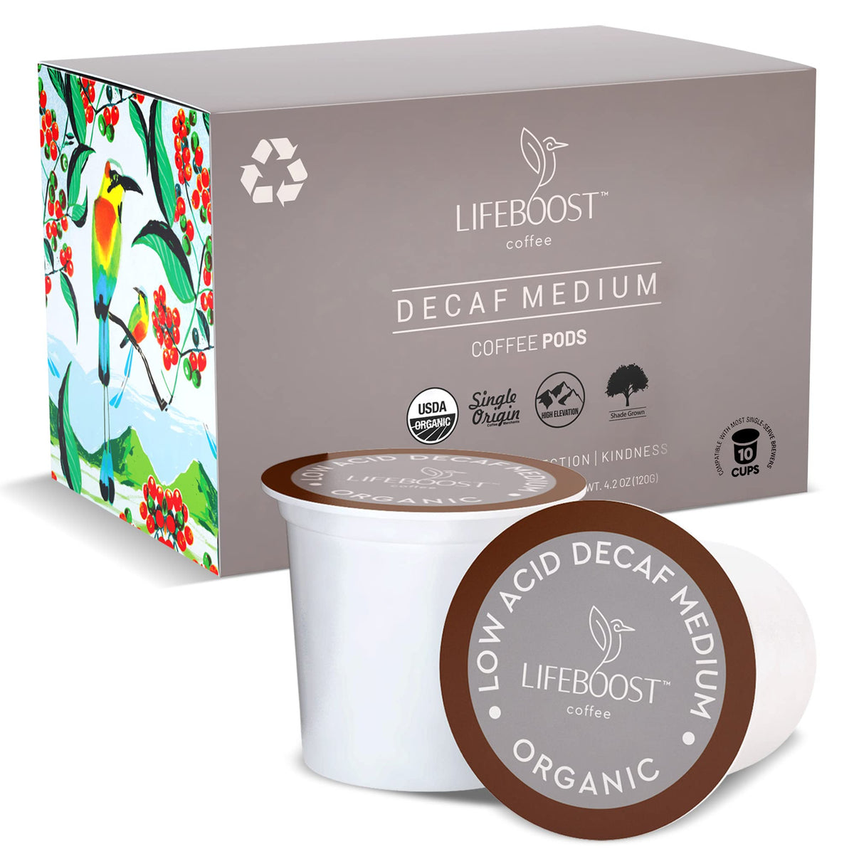 Lifeboost Organic Decaf K-Cups box front highlights low-acid flavor.