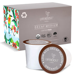 Lifeboost Organic Decaf K-Cups box front highlights low-acid flavor.